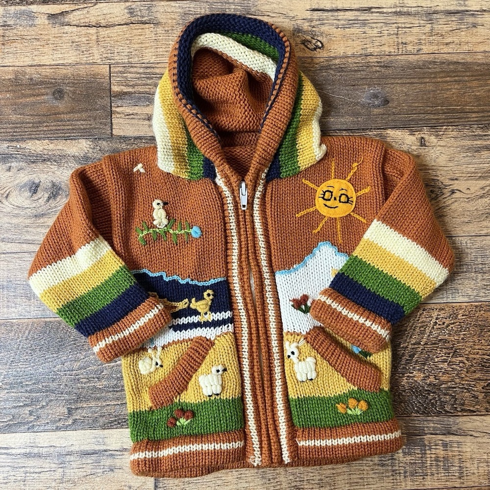 Handmade Peruvian Knit Sweater Unisex Toddler 18-24m Embroidered Sun Animals